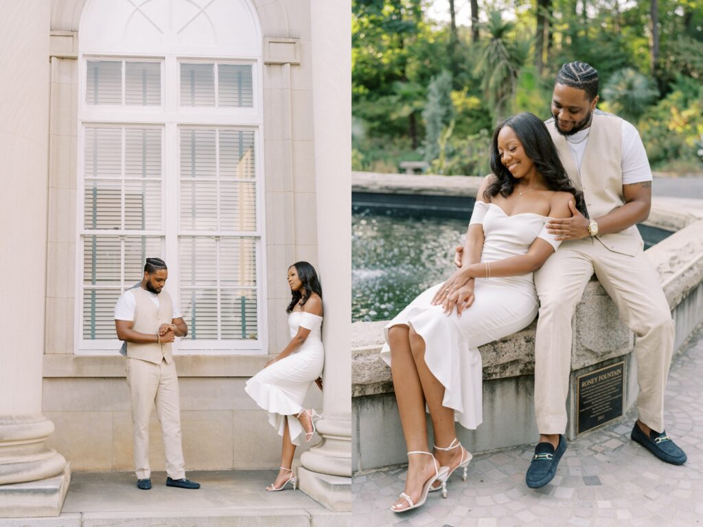 downtown durham engagement session by photographer Rae Marshall in Raleigh, NC at Duke Gardens