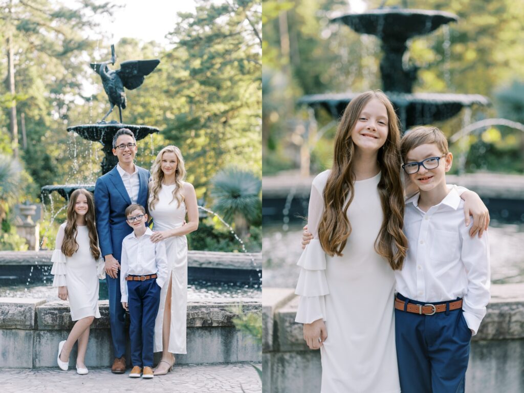 duke gardens family photography in durham by the fountain