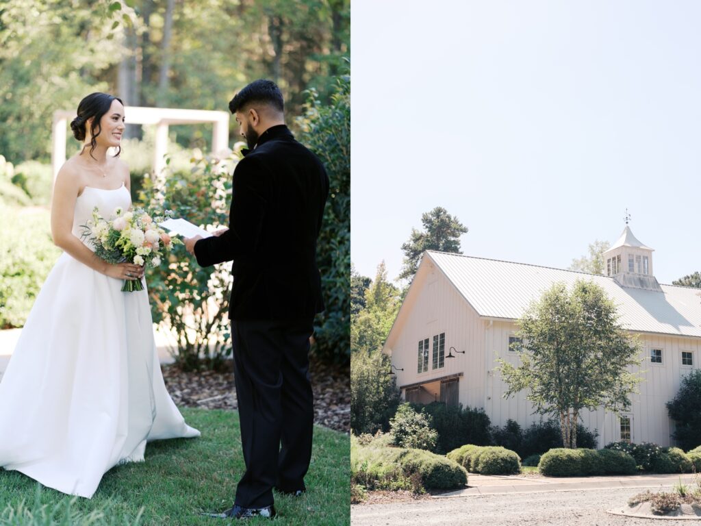 barn of chapel hill wedding day first look in north carolina wedding venue