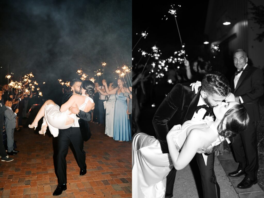 barn of chapel hill wedding reception with sparklers